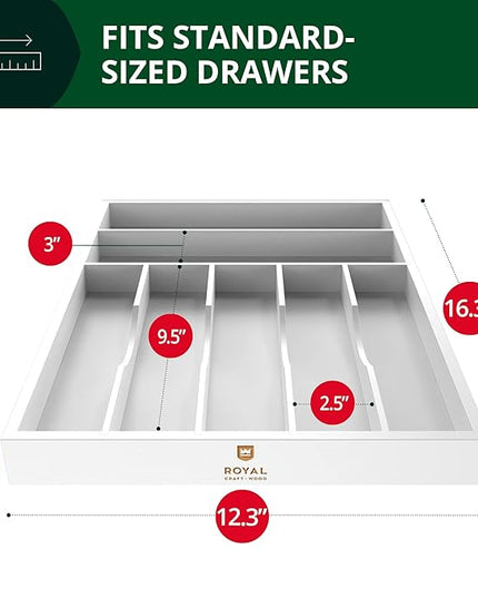 ROYAL CRAFT WOOD Luxury Bamboo Kitchen Drawer Organizer - Silverware Organizer - Utensil Holder and Cutlery Tray with Grooved Drawer Dividers for Flatware and Kitchen Utensils (7 Slot, White)