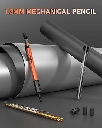 Four Candies 1.3mm Mechanical Pencil Set with 24 Lead Refills, Metal Weatherproof Heavy Duty Outdoor Carpenter Pencil, Eraser, 6 Eraser Refills for Architect Drafting Woodworking Marking with Case