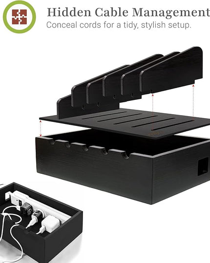 Prosumer's Choice Charging Station for Multiple Devices - 5 Device Charger Organizer for Smartphones and Tablets - Wooden Rack with Removable Dividers - Charging Dock for Work from Home - Black