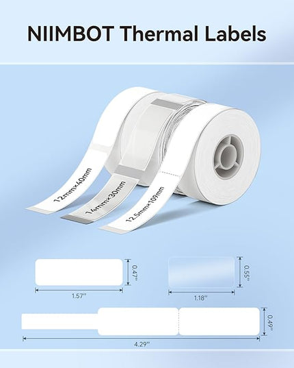 NIIMBOT Label Maker Tape for D110/D11/D101 Label Printer, Multi-Size 3Rolls Pack | 0.47'' x 1.57'' White, 0.55'' x 1.18'' Transparent, 0.49'' x 4.29'' White Cable, for Home Office School Labeling