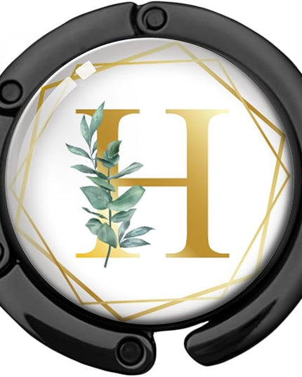 Gold Initial Foldable Purse Hook Gifts, Eucalyptus Letter Handbag Hanger, Women's Bag Hanger Holder, Round Purse Table Hook, Funny Desk Decor Gifts for Women Coworker Friend (Eucalyptus H)