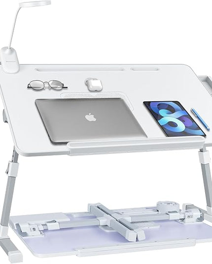 iXTRA Laptop Lap Desk with Cooling Fan - Adjustable Bed Desk with Light, Bed Table with Cup Holder&Phone Holder - Storage Drawer Desk - Folding Bed Desk,White,70x45cm