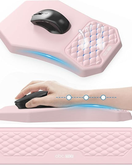 Ergonomic Mouse Pad and Keyboard Wrist Rest Support Set, Massage Design Mousepad for Carpal Tunnel Pain Relief, Memory Foam, Non-Slip PU Base for Computer Desk, Pink