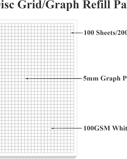 A5 TUL Discbound Grid Refill Paper, 8-Disc Discbound Graph Paper, 100Sheets / 200Pages Loose-Leaf Grid Paper, 100gsm White Paper, 5.8 x 8.3 in