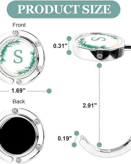 XSUIOY 3Pcs Personalized Initial Foldable Purse Hook for Table,Crushed Flower Letters Folding Purse Hanger,Purse Holder Handbag Hanger Collection Desk Table Bag Hooks Gifts for Women Bag(Green-S)