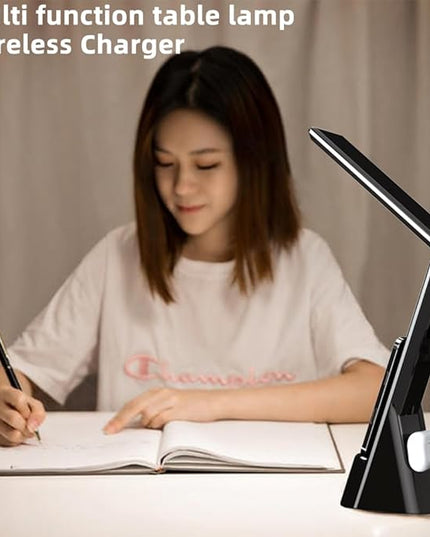 IHAO 6in1 Multifunctional Foldable LED Table Lamp with Wireless Charger Digital Alarm Clock Eye-Care Lighting 3 Color Modes 15W Qi Charger for Phone/Headphones, iWatch Charger Compatible-N61Black