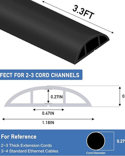 Floor Cord Cover Self Adhesive Cord Hider Floor Extension Cord Covers for Floor Power Cord Protector Cable Management Prevent Cable Trips Cable Cavity 0.47" W x 0.27" H (Black, 3.3Ft)
