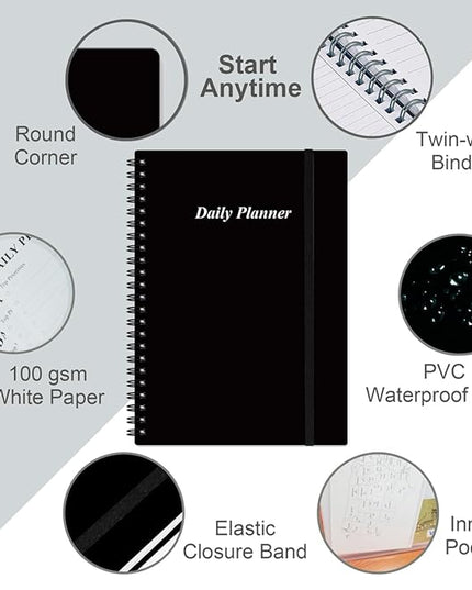 Daily Planner Undated - B5 To Do List Notebook Hourly Schedules, Spiral Appointment Planner for Women and Men, PVC Hardcover, Inner Pocket, Elastic Closure, 7" x 10", Black