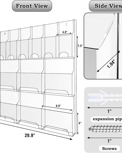 Acrylic Brochure Pamphlet Holder, 6 Magazine Holders and 6 Pamphlet Holders, Clear Brochure Display Stand Wall Mount, Trifold Flyer Rack, Literature Storage Rack for Home, Offices, Waiting Room