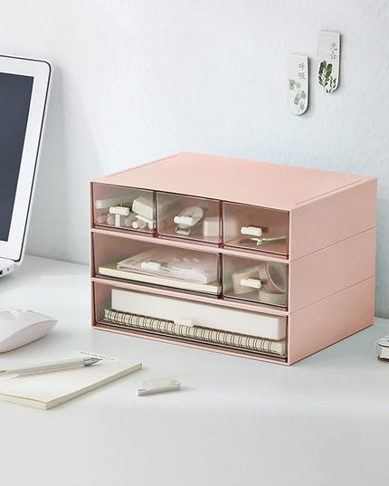 Desk Organizer with 6 Drawers, Makeup Organizer, Plastic Makeup Storage, Cosmetic Storage Organizer, Desk Storage Box, Bathroom Organization Boxes, Desktop Storage Box(Pink)