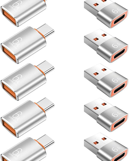 10-Pack 10Gbps/120W USB C to USB Adapter & C Male to 3.1 Female Charger,Compatible with MacBook Pro/Air, iPhone 17 16 15 Pro Max/15 Plus/14 13 12 Samsung Galaxy S25/S24/S23/S22(Sliver)