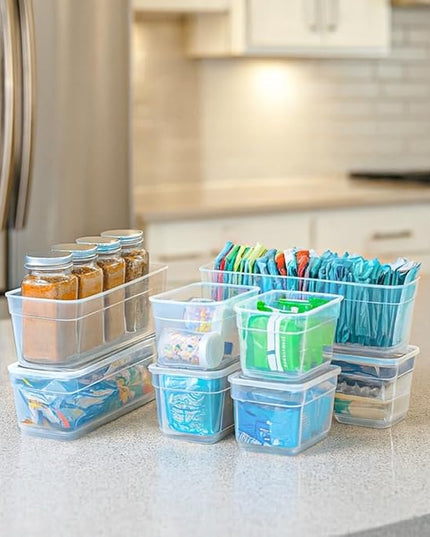 AB Designs Best Kept Plastic Storage Bins with Lids - Mixed Pack, 4 Long & 4 Small Home Organizer Storage Boxes with Lids, Clear