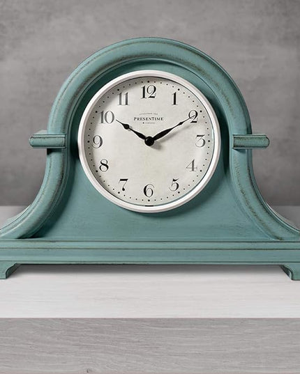 Presentime & Co. Mantel Clock Vintage Farmhouse Series, Napoleon Desk & Shelf Clock, 13 x 10 inch, Domed Lens, Quartz Movement, ABS Plastic Case, Aged Teal Finish (Home/Tabletop Decoration)