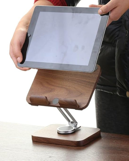 Adjustable Tablet Stand for Desk - Walnut Wood Portable Tablet Holder with Customizable Height & Angle, Sturdy Dock for iPad Pro/Air/Mini, Kindle, E-Reader, Phone & Small Laptops (Home/Office Use)