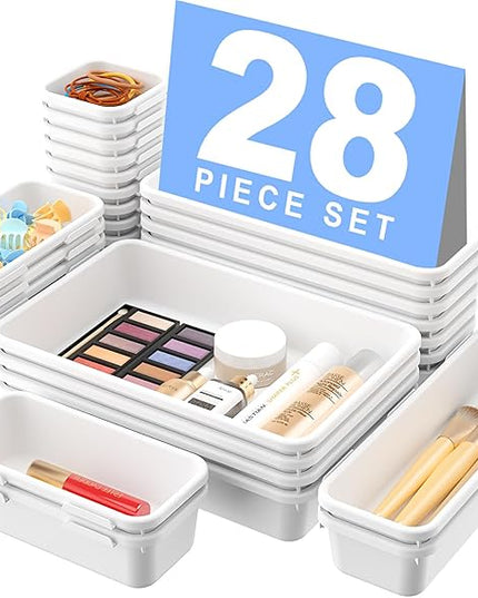 A-LuGei 【𝟮𝟴𝗣𝗖𝗦】 【𝟱𝗦𝗶𝘇𝗲】 White Drawer Organizer, Makeup organizer, 【Holds 177 Items】 Bathroom Organizers and Storage, Plastic Desk Organizer Divider, Organizer Bins for Office Vanity