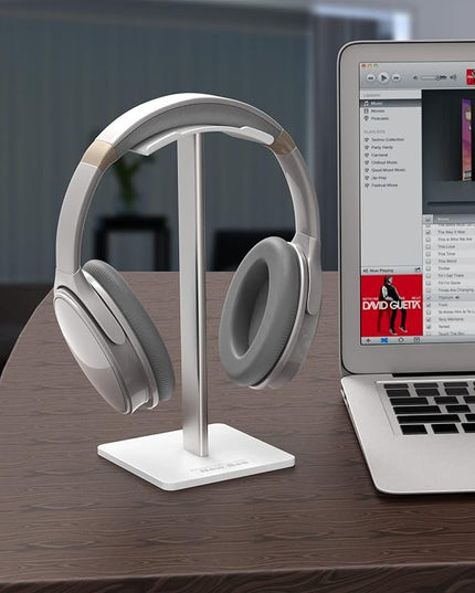 New bee Headphone Stand Headset Holder Earphone Stand with Aluminum Supporting Bar Flexible Headrest ABS Solid Base for All Headphones Size (White)