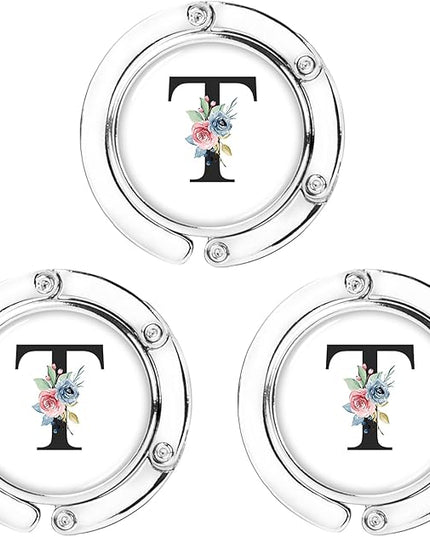 3pcs Personalized Initial Foldable Purses for Table - Flower Letter Folding Handbag Hangers, Portable Magnet Table Hooks, Collection Desk Purse Hooks for Women (Black-T)