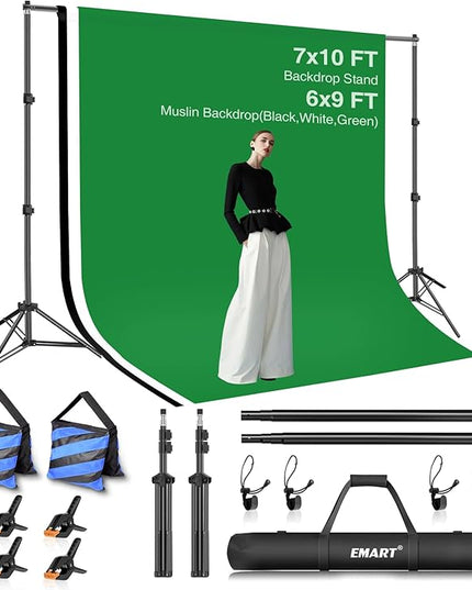 EMART Photo Video Studio Backdrop Stand Kit, 7×10ft Adjustable Photography Support System with Polyester Background(Black/White/Green Screen), Spring Clamps and Carry Bag for Photoshoot