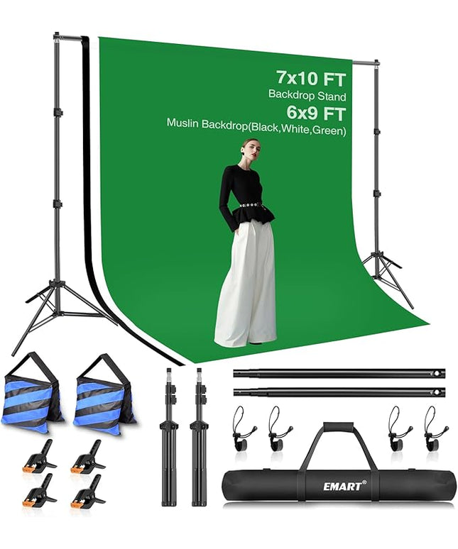 EMART Photo Video Studio Backdrop Stand Kit, 7×10ft Adjustable Photography Support System with Polyester Background(Black/White/Green Screen), Spring Clamps and Carry Bag for Photoshoot