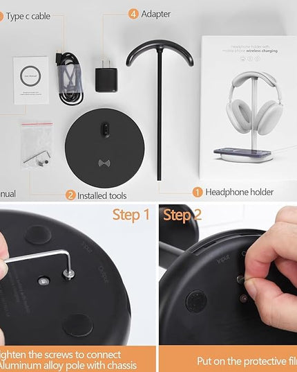 Miroddi Headphone Stand with Wireless Charger, Independent USB Charging Port, 5 in 1 Charging Station Headset Holder Rack for AirPods Max/Pro/4/3/2, iWatch, iPhone, Samsung and Desk Headphones, Black