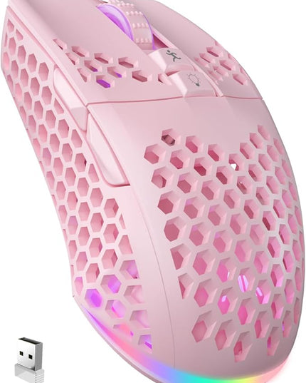 SOLAKAKA SM600 Pink Wireless Gaming Mouse with Honeycomb Shell, Side Buttons,Tri-Modes(BT5.1+BT5.1+2.4GHz) Lightweight RGB Wireless Mouse for PC/Tablet/Desktop/Office/Games