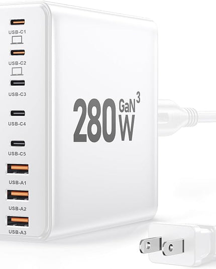 280W USB C Charger Block, 8-Port USB C Charging Station GaN III PD 65W Laptop Charger Adapter Compatible with MacBookPro/Air,DELL,iPad,Portable Charging Station for iPhone,Samsung Galaxy (White)