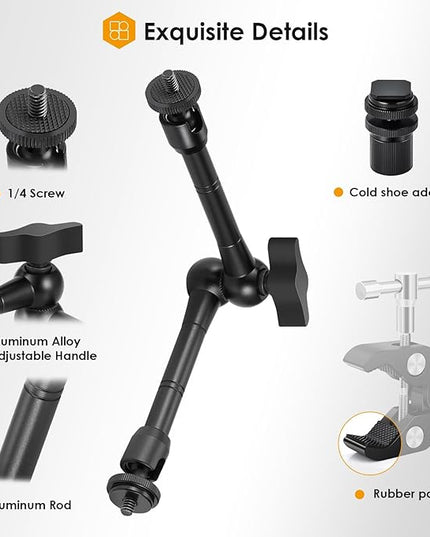 TARION Magic Arm with Super Clamp - 11in/28cm Adjustable Articulating Friction Camera Mount & Clamp with 1/4"" and 3/8"" Thread for LCD Monitor LED Light Flash Light Phone Action Cam, Black