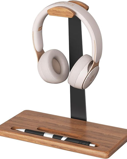 Walnut Headset Stand for Desk with Phone Holder | Headphone Stand Headphone Holder (Natural Wood)