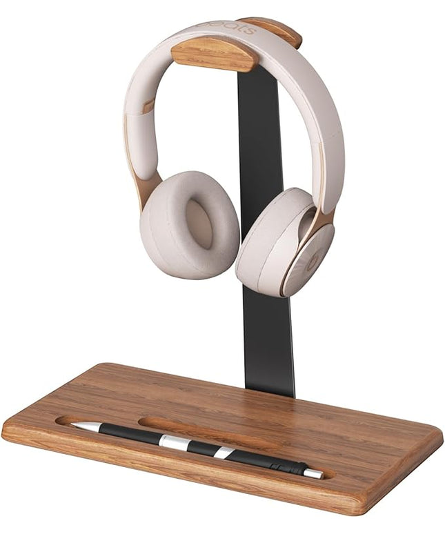 Walnut Headset Stand for Desk with Phone Holder | Headphone Stand Headphone Holder (Natural Wood)