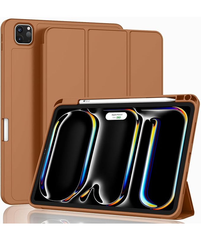 ZryXal iPad Pro 11 Inch Case (M5) 2025/ (M4) 2024 (Model: A2836/A2837/A3006), Trifold Stand Smart Cover with Pencil Holder and Soft TPU Back, Auto Wake/Sleep (New Brown)
