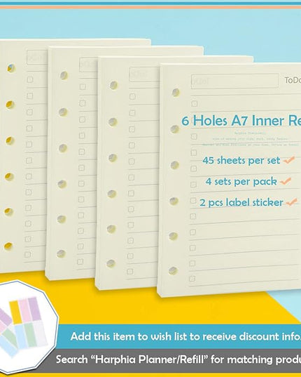 A7 Planner Refill,4 Pcs per Set, Todo List Paper, with Label Stickers Gift,Mini Binder Refills,6 hole/100gsm Thick Paper/4.84 x 3.23'', Harphia
