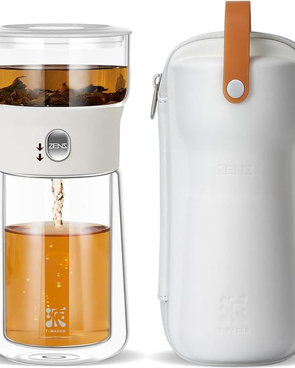 ZENS Modern Tea Pot, Glass Teapot with Infusers for Loose Tea Diffusers with One Touch Pouring, Cool Portable Tea Maker with Insulated Tea Mug and Travel Tea Kits for Tea Lover Gifts