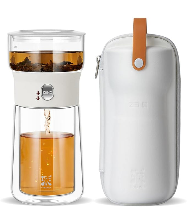 ZENS Modern Tea Pot, Glass Teapot with Infusers for Loose Tea Diffusers with One Touch Pouring, Cool Portable Tea Maker with Insulated Tea Mug and Travel Tea Kits for Tea Lover Gifts