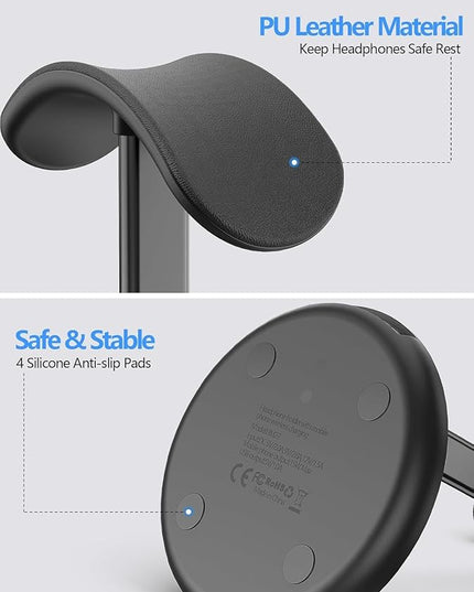 Miroddi Headphone Stand with Wireless Charger, Independent USB Charging Port, 5 in 1 Charging Station Headset Holder Rack for AirPods Max/Pro/4/3/2, iWatch, iPhone, Samsung and Desk Headphones, Black