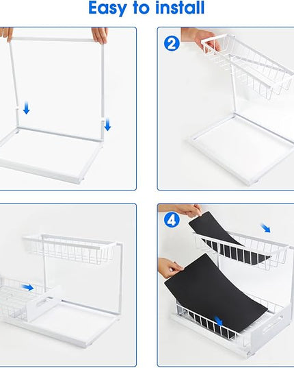 Under Sink Organizer, 2 Tier Pull-Out Cabinet Storage Shelf, Rust-Resistant Metal Organizer for Kitchen Bathroom Laundry Room, No Tools Installation, 1 Pack White
