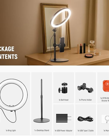 NEEWER 10" 20W LED Ring Light with Desk Stand Phone Holder for iPhone Laptop, Bi Color 2900K-7000K, USB C PD Input, CRI97+ 1660LX/0.5m, Selfie Makeup TikTok Recording Video Conference Lighting, RH10B