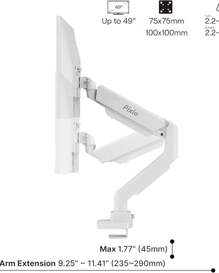 Pixio PS2S White Ultrawide Heavy-Duty Premium Single Monitor Arm Stand Desk Mount - Fits up to 49 inches Monitors, Weights up to 39lbs Flat / 31lbs Curved, Compatible with VESA 75x75 100x100mm