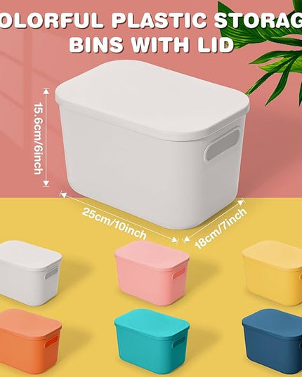 Thyle 12 Pack 7 Quarts Plastic Storage Bins for Christmas Storage with Lids Handles Colorful Stackable Desktop Box Bins with Marker Label for Shelf Drawer,10 x 7 x 6 Inch (Multicolored)