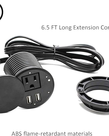 Recessed Power Strip,Quick Desktop Power Outlet,2 Outlets,4 USB Ports to Desktop,Plain Mounted Power Outlet,3" Hole,6.5 FT Cable for Computer,Desk,Kitchen,Desk Power Strip (Black)