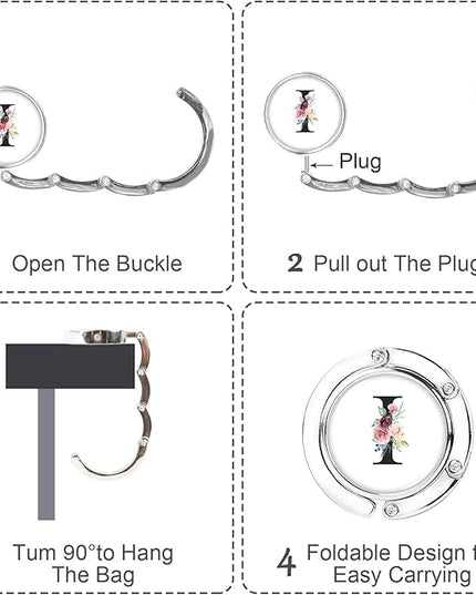 Iqimott 3pcs Personalized Initial Foldable Purse Hook for Table, Flower Letter Folding Handbag Hanger Portable Magnet Table Hook Holder, Collection Desk Purse Hooks for Women Bag (Black-I)