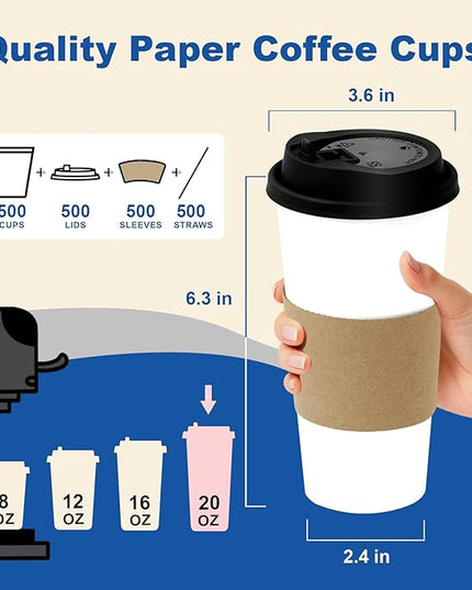 Coolcap 20 oz 500 Pack Coffee Cups with Lids and Sleeves, Straws, Hot Disposable To Go Travel Paper Cups Bulk for Office, Home Coffee Bar Accessories, Chocolate, Cocoa, Beverage (White)