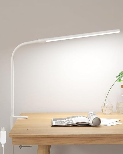Lepro Small Desk Lamp with Clamp, LED Reading Lamps with 450LM, 3 Color Modes 10 Brightness, Dimmable USB Clip on Desk Light with Gooseneck Swing Arm for Nail, Home Office and Dorm (White)