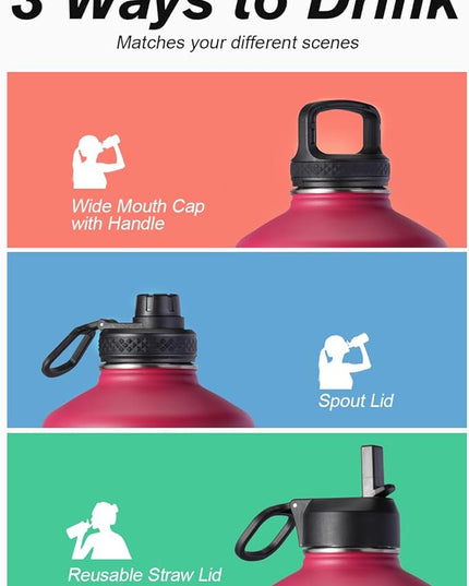Coolflask 128 oz Gallon Water Bottle Insulated with Straw&3 Lids, Water Jug Large Stainless Steel Metal Vacuum Wide Mouth for Sports, Gym or Office, Non-BPA Keep Cold 48H Hot 24H, Ombre Wine/Navy