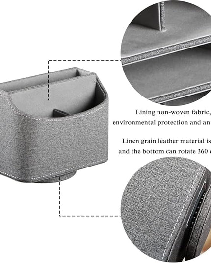 RHCSZ Leather Remote Control Holder 360 Degree Spinning, Desk Organizer for TV Remote Controllers, Caddy,Pen,Calculator,Media Player Storage box (Grey)