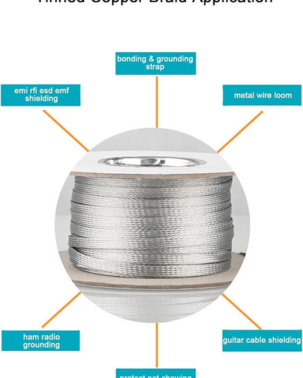 EMI RFI Shielding Wire Loom Metal Tinned Copper Grounding Braided Sheathing Cable Sleeve Mesh ESD Protection Flat Tubular Expandable (3/4" W(0.48" ID)-30FT)