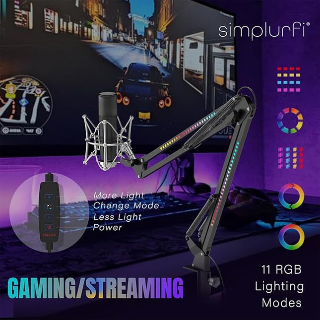 RGB Boom Arm, Adjustable Mic Stand with Desk Mount Clamp and Mic Clip, Compatible with HyperX Quadcast, Blue Yeti, Rode, Shure SM78 for Streaming, Gaming, Youtube Recording （WHITE）