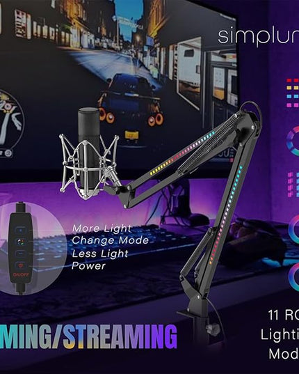 RGB Boom Arm, Adjustable Mic Stand with Desk Mount Clamp and Mic Clip, Compatible with HyperX Quadcast, Blue Yeti, Rode, Shure SM78 for Streaming, Gaming, Youtube Recording (black)