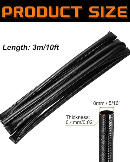 MECCANIXITY 10ft Braided Cable Sleeve, 5/16" ID 200C High Temperature 1500V Fiberglass Wire Insulation Cord Protector Organizer Wires Management for Motor Engine Fuel Line, Black