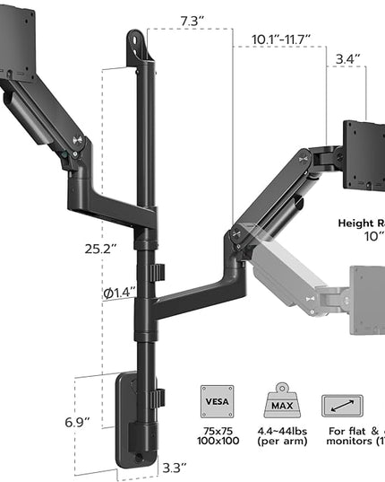 ARES WING Dual Monitor Wall Mount for 17-49 Inch Ultrawide Screens, Heavy Duty Wall Mount Monitor Arm Holds 44 lbs Each, Fully Adjustable Gas Spring Monitor Arm, 75x75/100x100 VESA Mount, Black