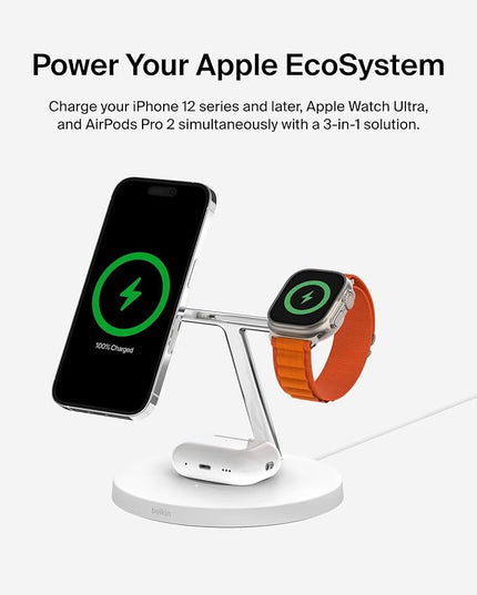 Belkin MagSafe Charger, 3-in-1 Wireless Charging Stand, 2ND GEN, 33% Faster for Apple Watch, iPhone 16, iPhone 15, iPhone 14 Series, AirPods - MagSafe Charging Station for Multiple Devices - White